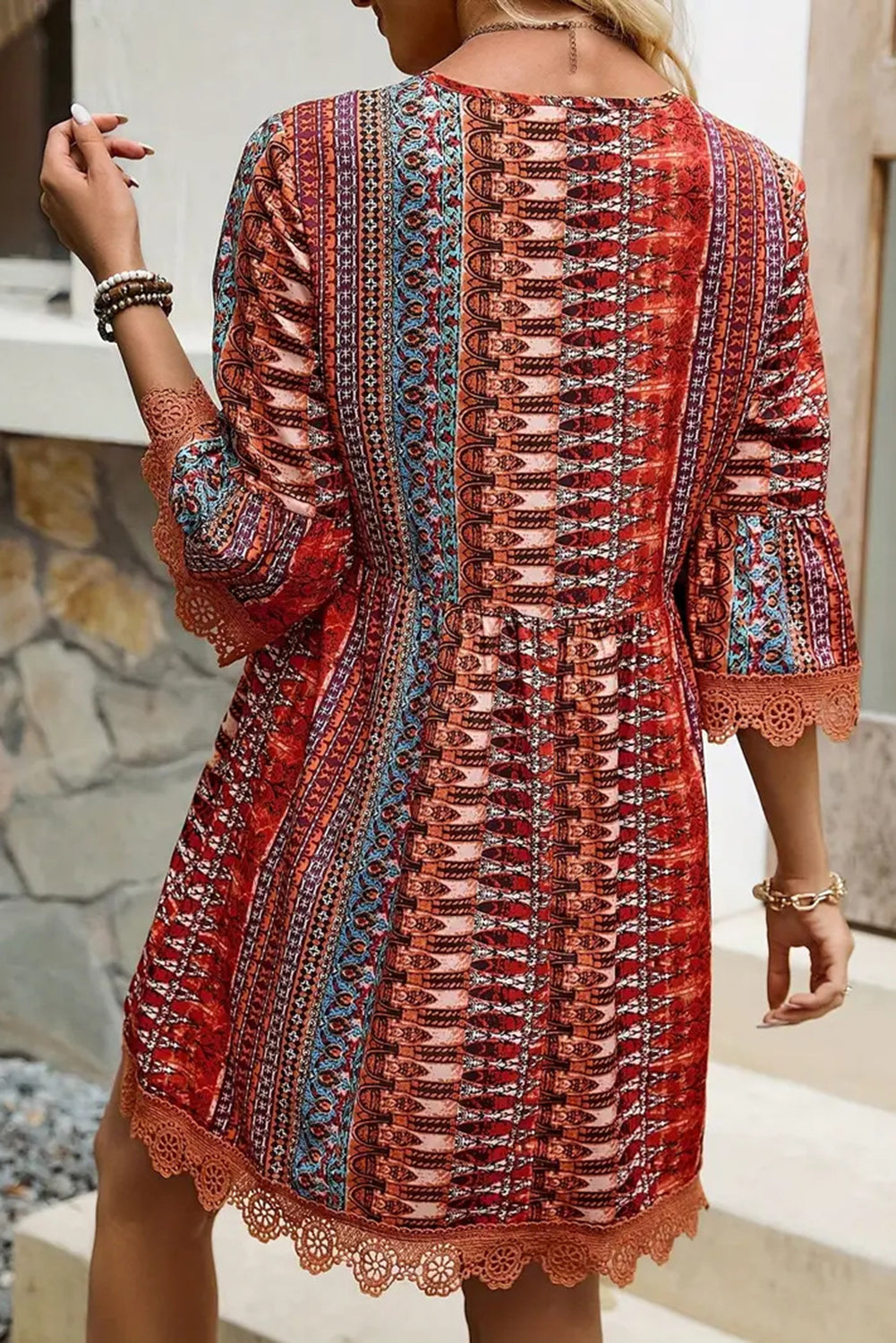 Red Boho Colorblock Deep V Neck Mini Dress