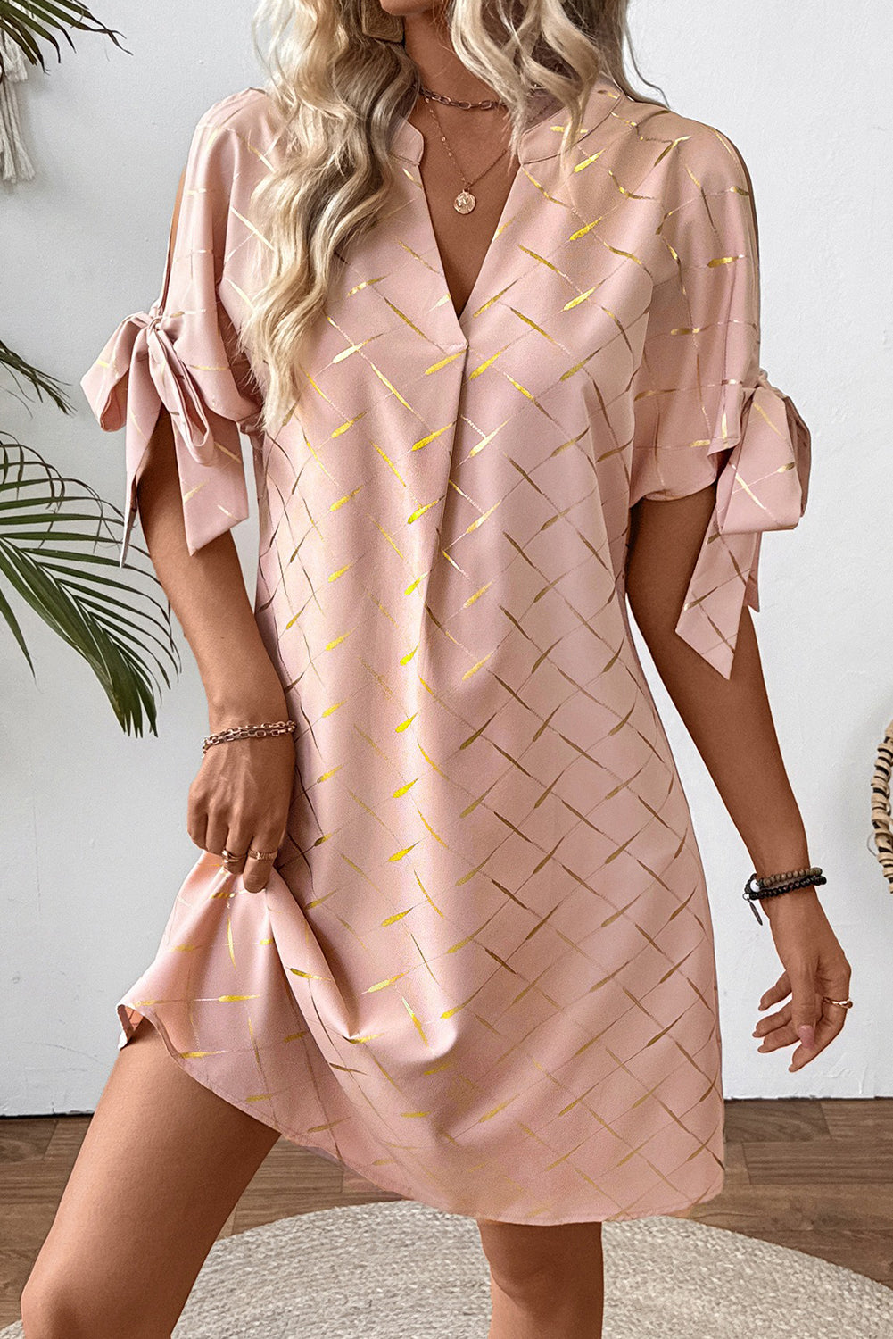 Apricot Pink Geometric Print Knot Sleeve V Neck Mini Dress