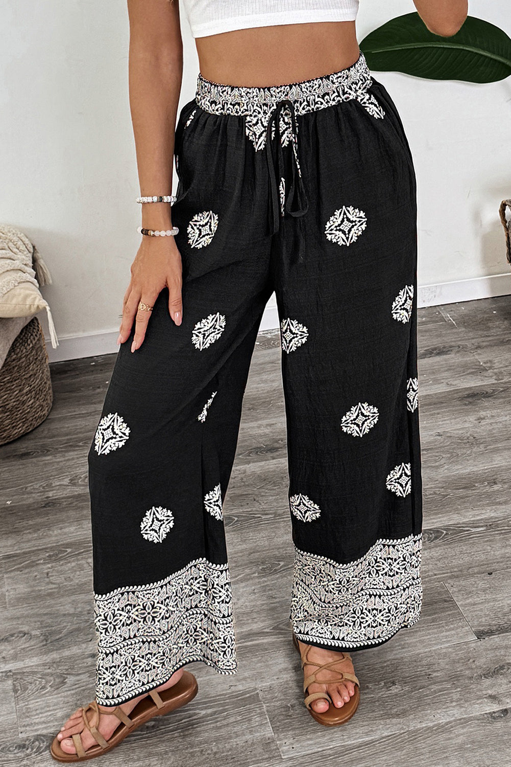 Black Abstract Print Drawstring Waist Wide Leg Pants