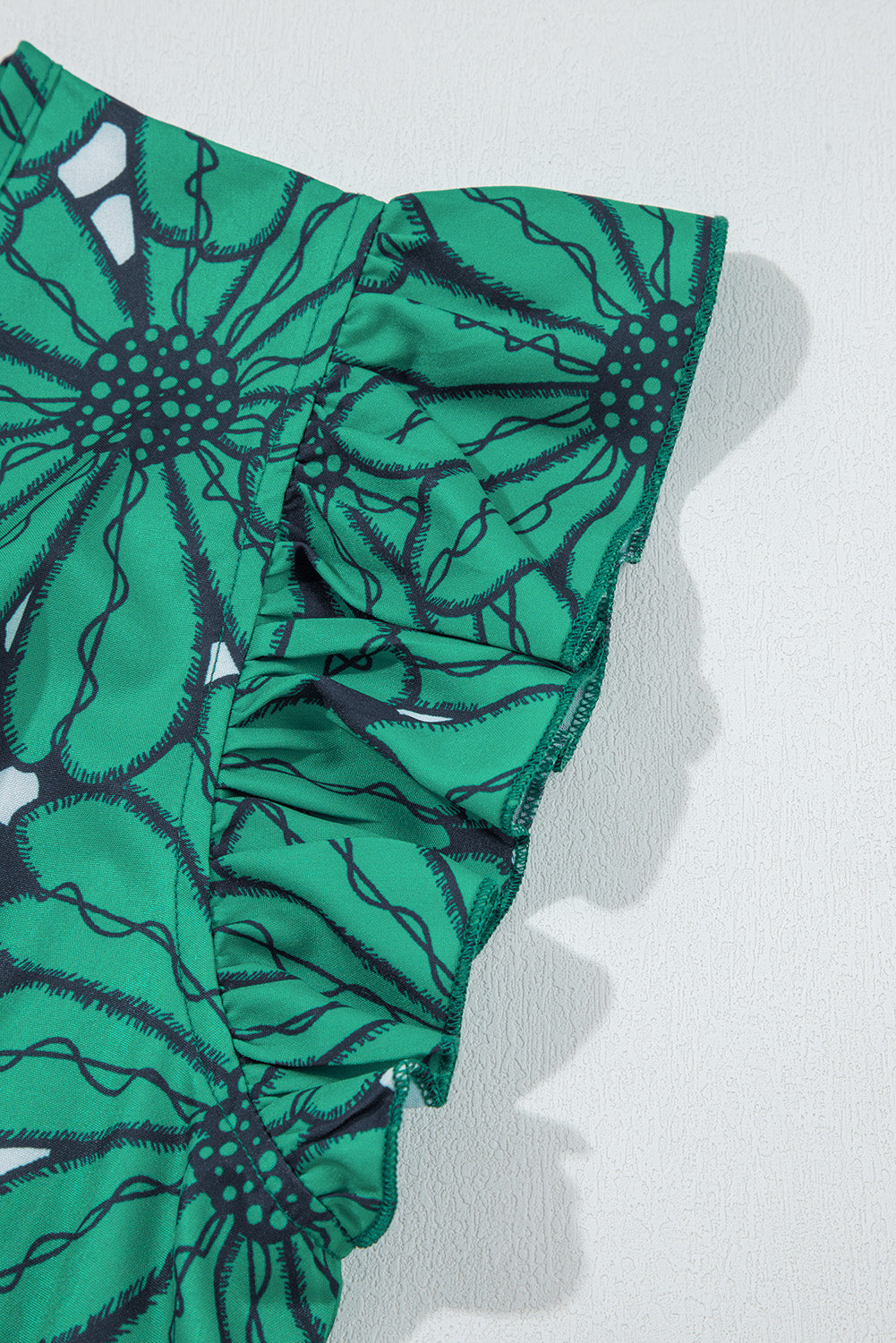 Dark Green Wrapped V Neck Floral Print Ruffle Sleeve Dress