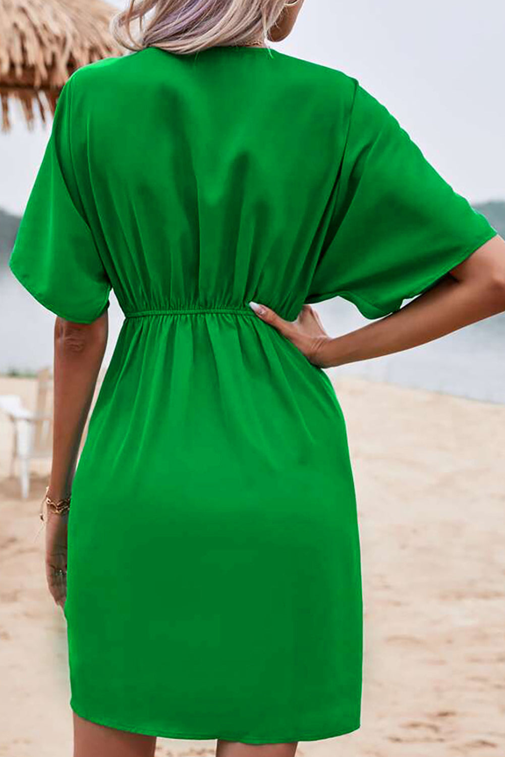Bright Green Batwing Sleeve Ruched Front Mini Dress