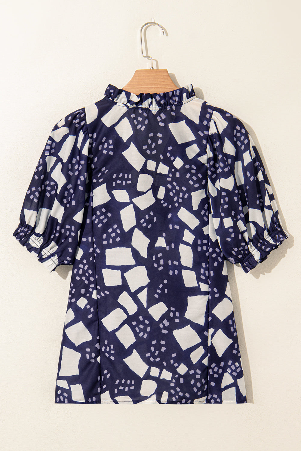 Blue Abstract Print Frill Puff Sleeve Loose Fit Blouse