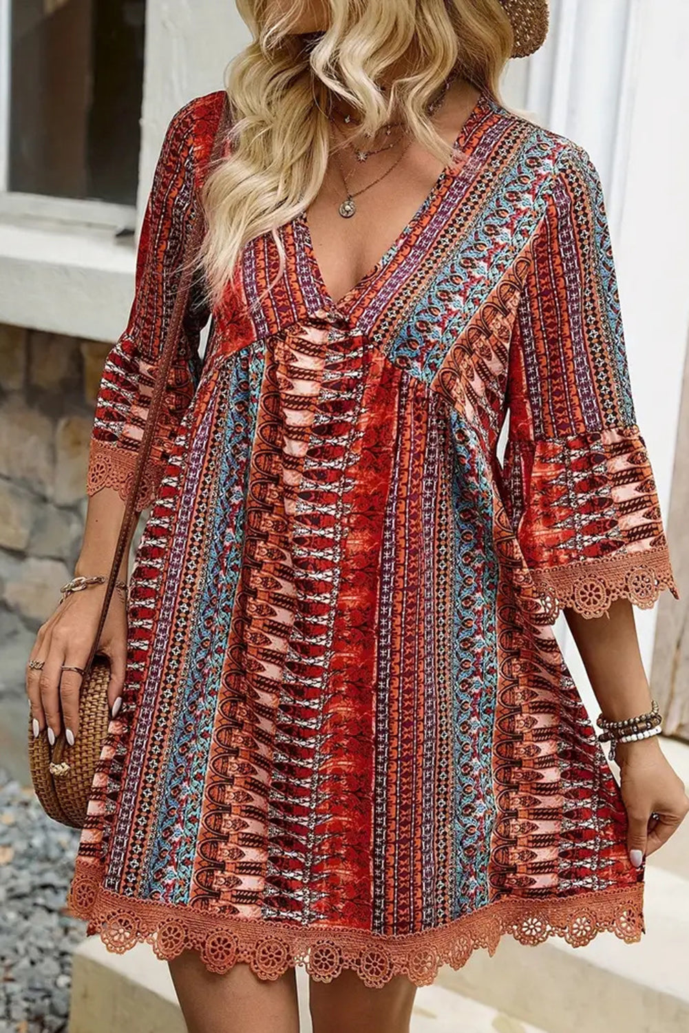 Red Boho Colorblock Deep V Neck Mini Dress