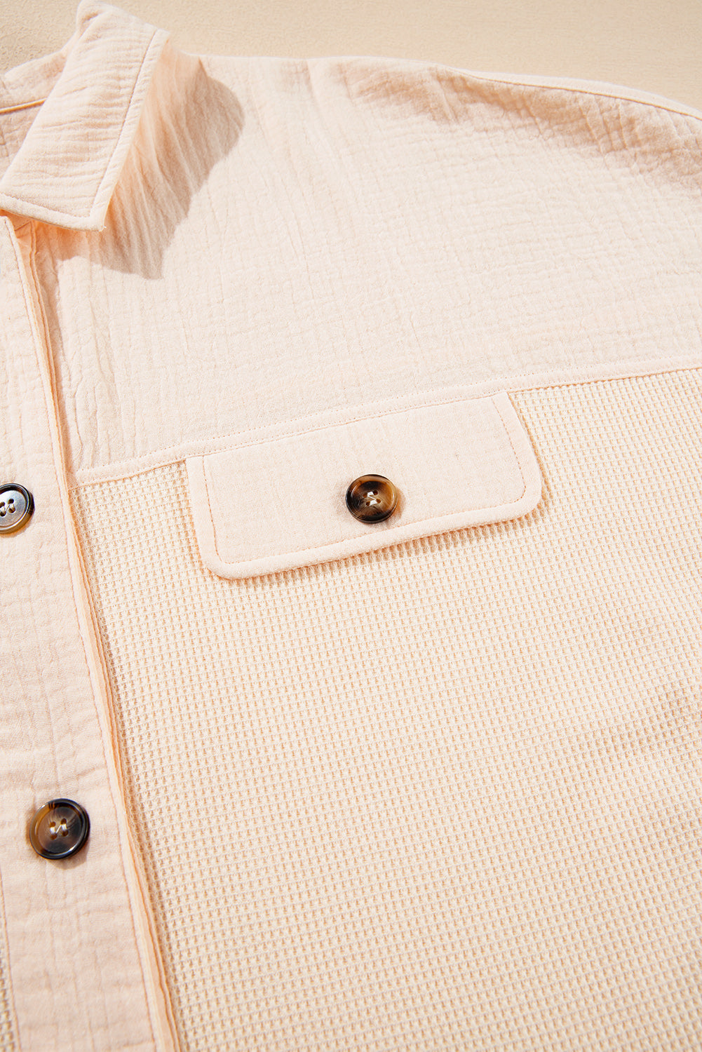 Beige Waffle Crinkle Patchwork Short Batwing Sleeve Shirt