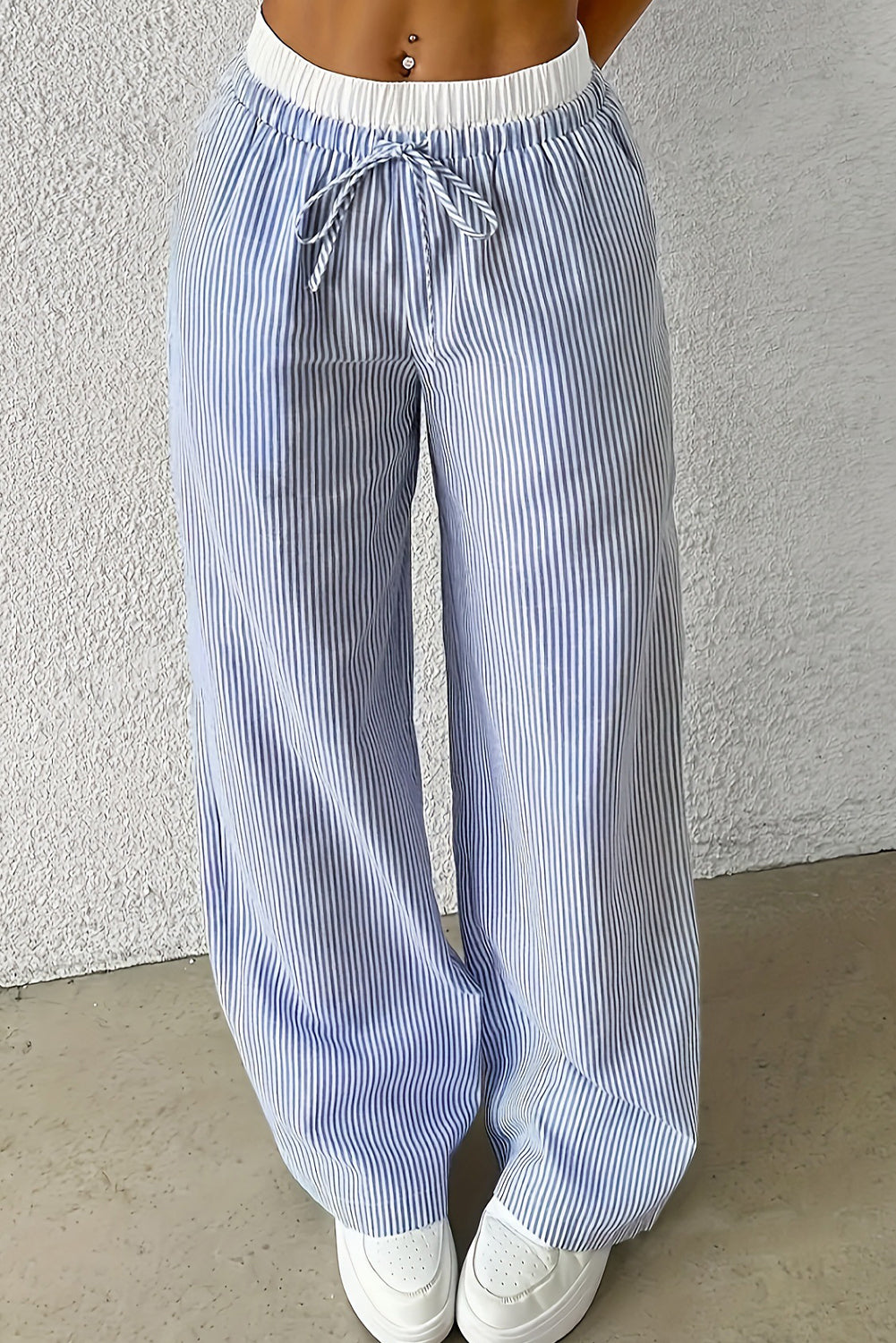 Sky Blue Stripe Drawstring High Waist Pants
