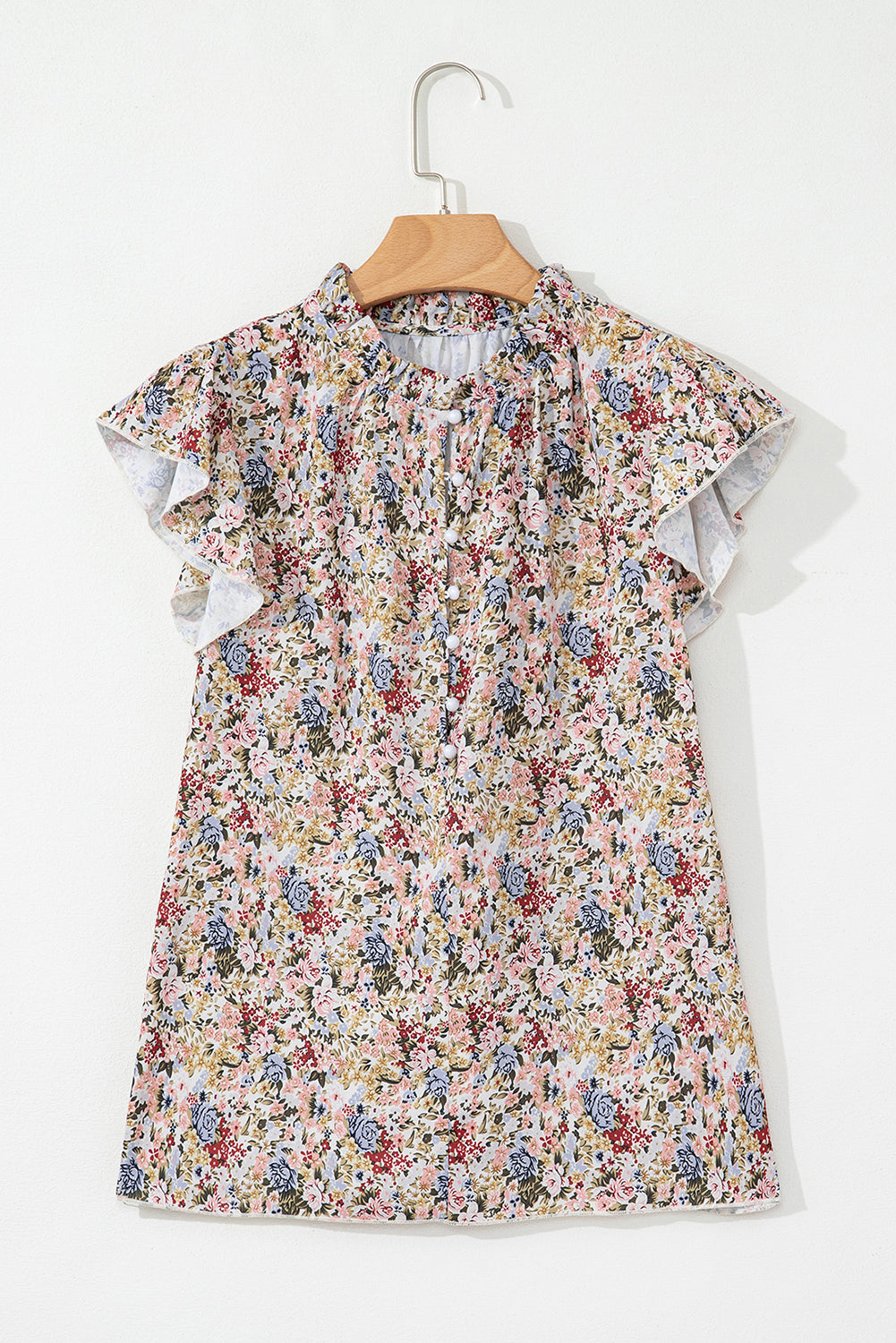 Red Boho Floral Frilled Button Neck Ruffle Short Sleeve Blouse