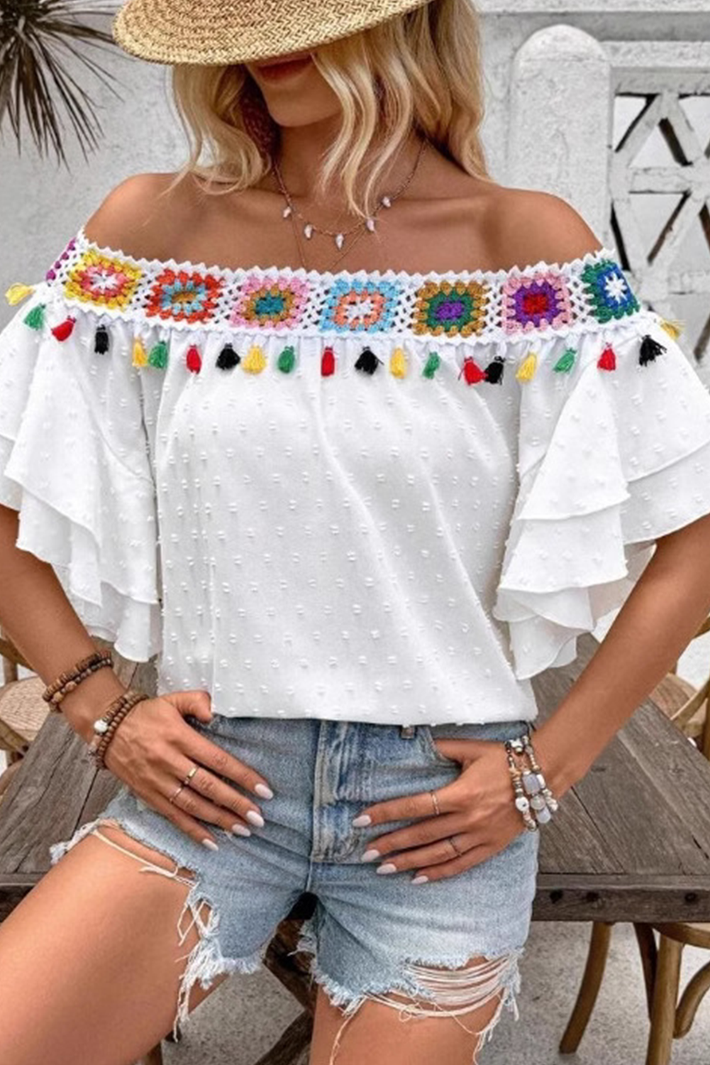 White Tassel Crochet Floral Off Shoulder Ruffle Sleeve Top