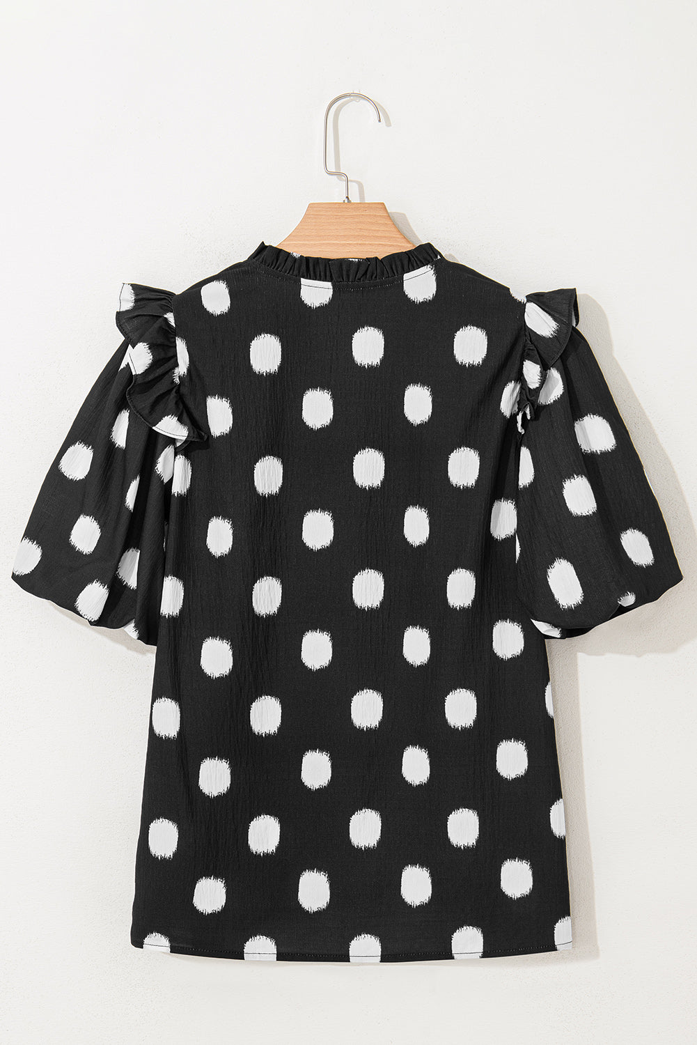 Black Polka Dot Print Smocked Notched Neck Balloon Sleeve Blouse