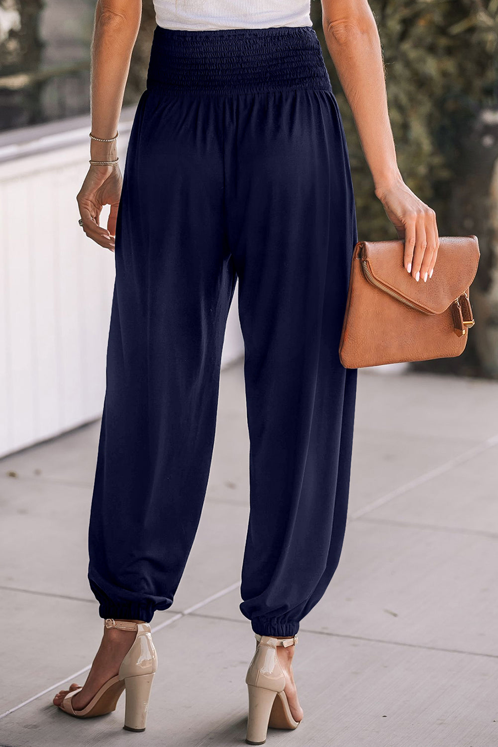 Navy Blue Shirred Smocked High Waist Joggers