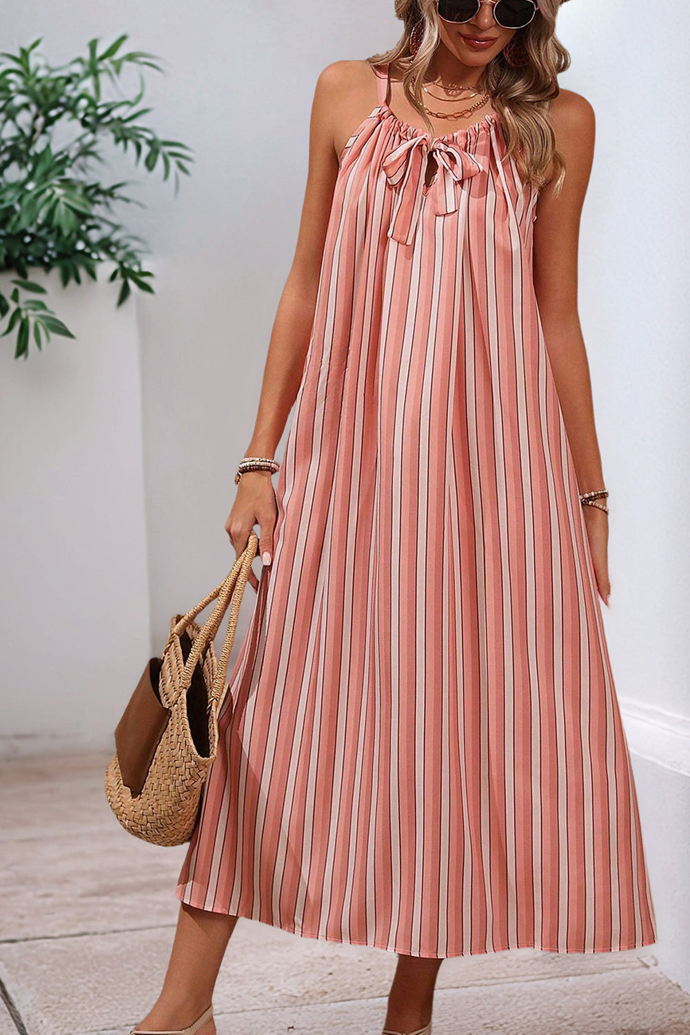 Pink Striped Bowknot Flowy Midi Dress