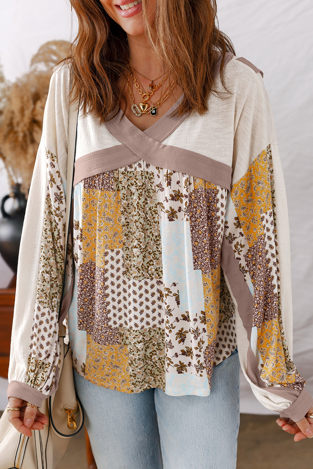White Floral Print Patchwork Long Sleeve Top
