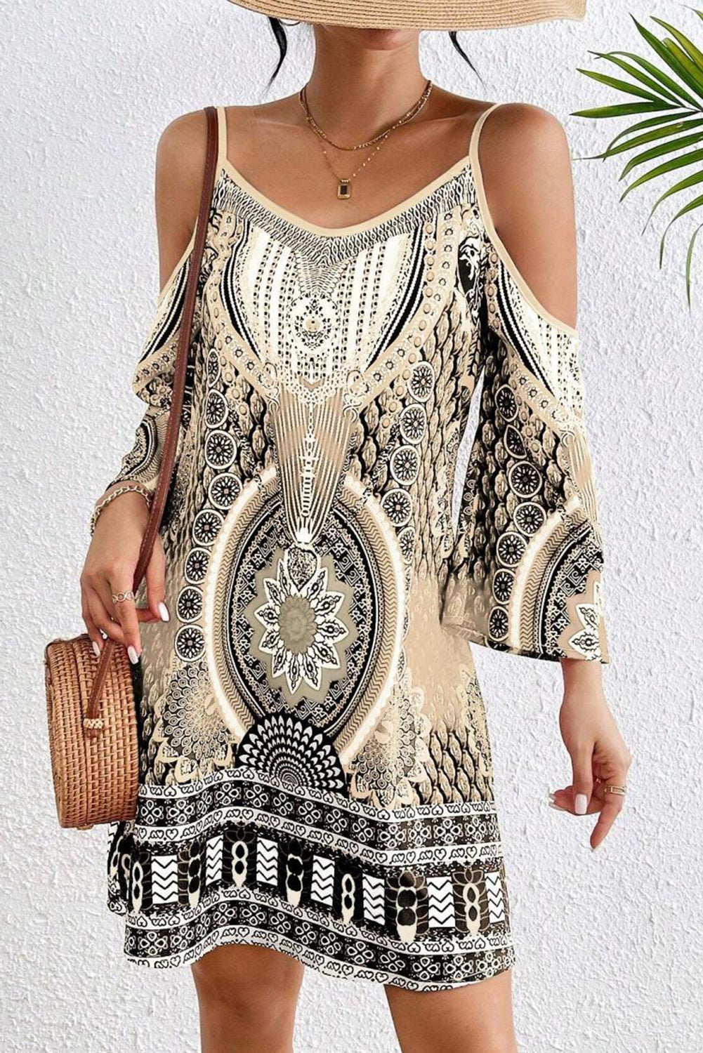 Apricot Boho Cold Shoulder Long Sleeve Mini Dress
