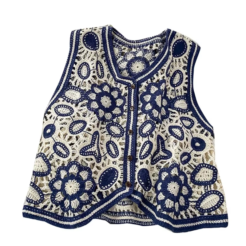 Women Vintage Hollow Out Crochet Crop Top Vest Embroidery Floral Sleeveless Jacket Cardigan Button down Boho Hippie Casual New