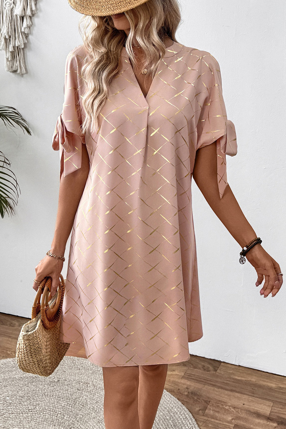Apricot Pink Geometric Print Knot Sleeve V Neck Mini Dress