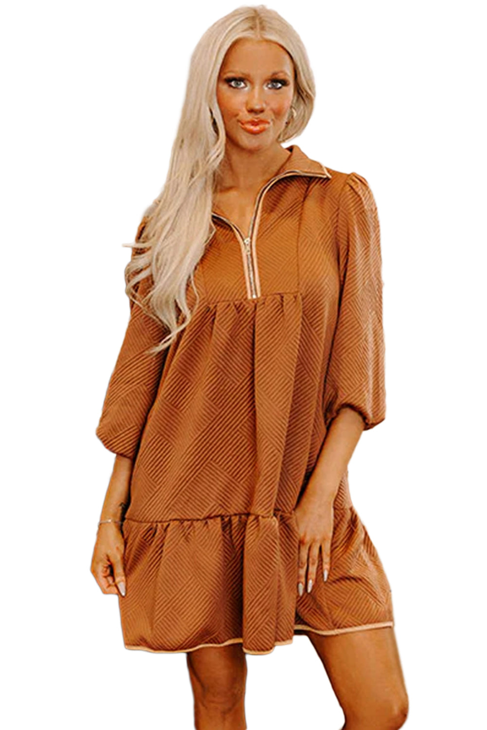 Desert Gold Quarter Zip Collar Bracelet Sleeve Textured Mini Dress