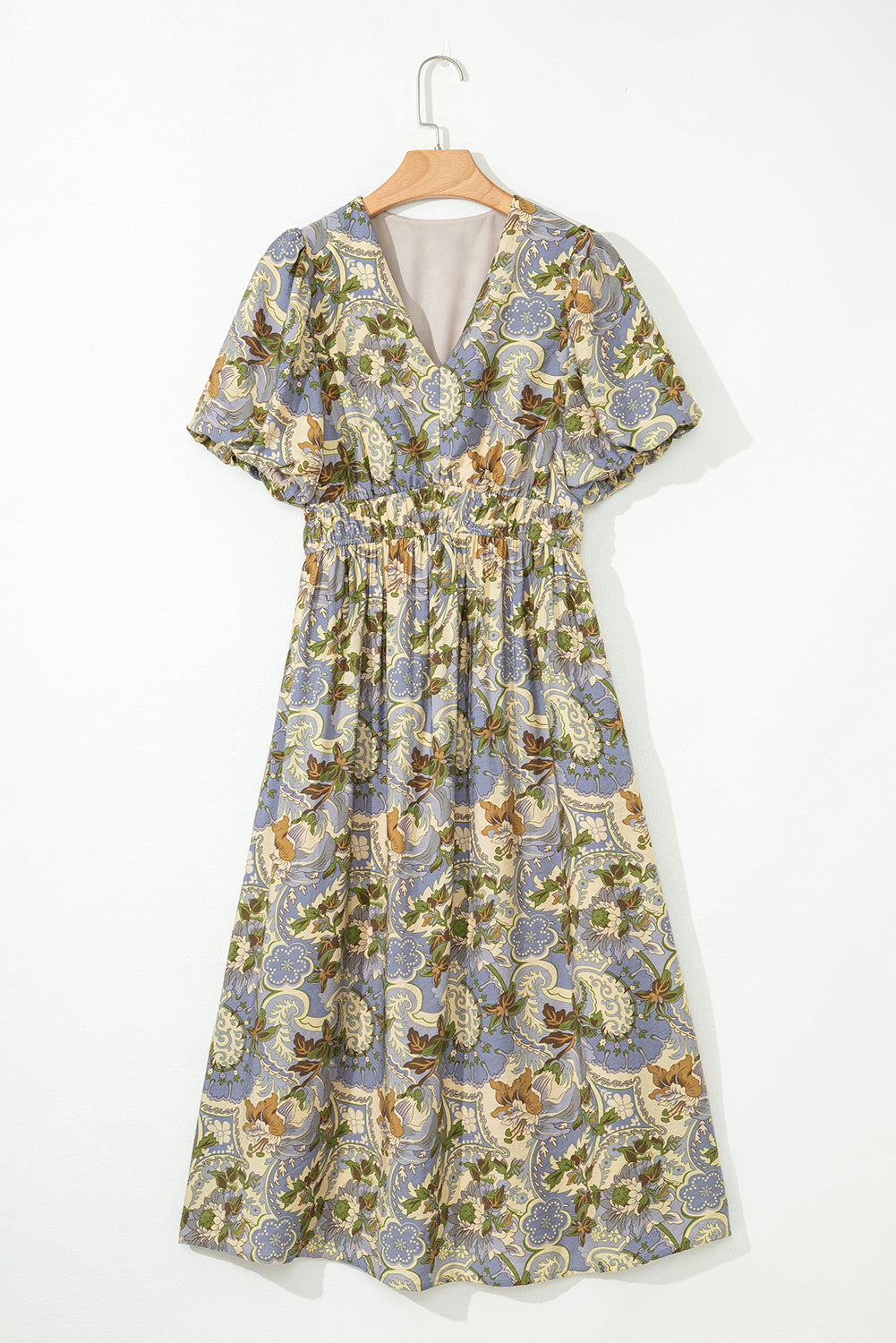 Multicolour Vintage Floral V Neck Short Puff Sleeve Maxi Dress