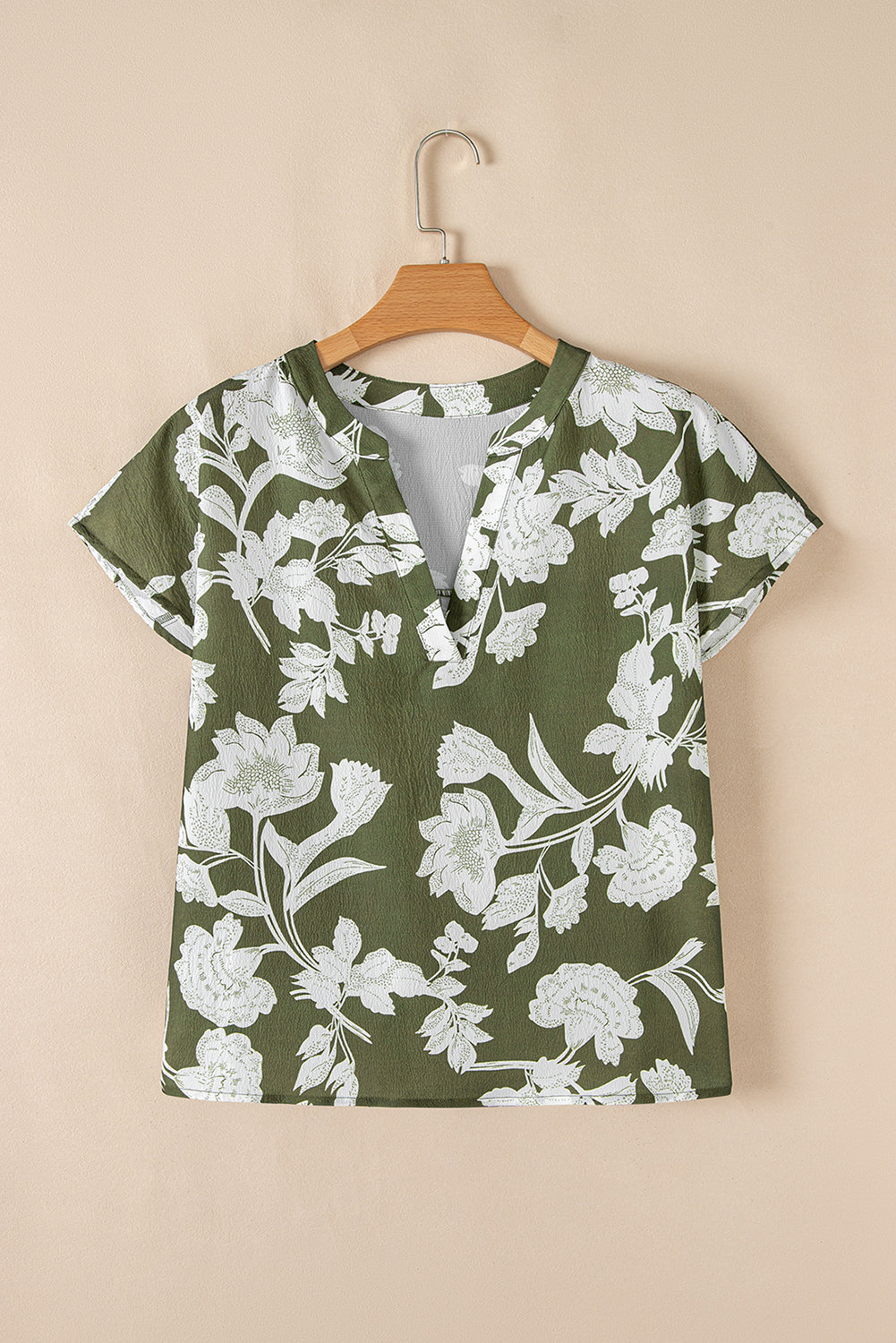 Green Floral Print Split Neck Short Sleeve Blouse