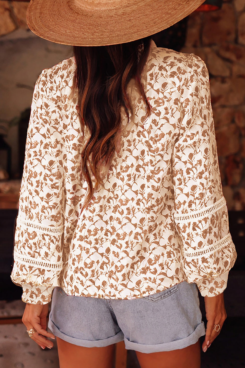 Khaki Printed Floral Print Lace Detail Puff Sleeve Shirt