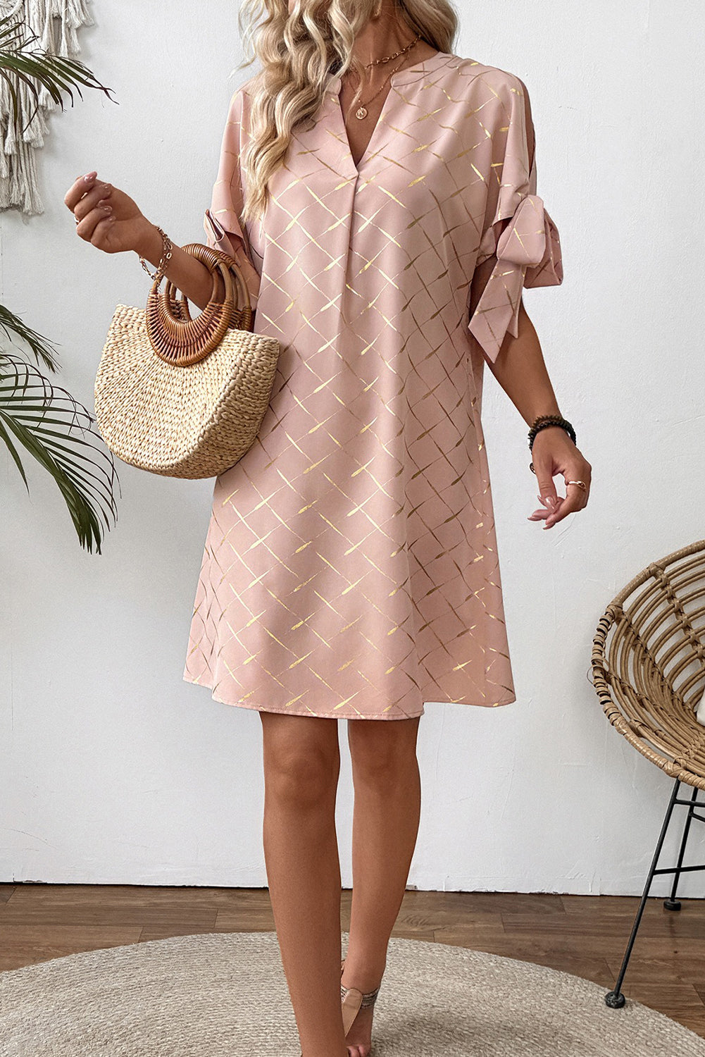 Apricot Pink Geometric Print Knot Sleeve V Neck Mini Dress
