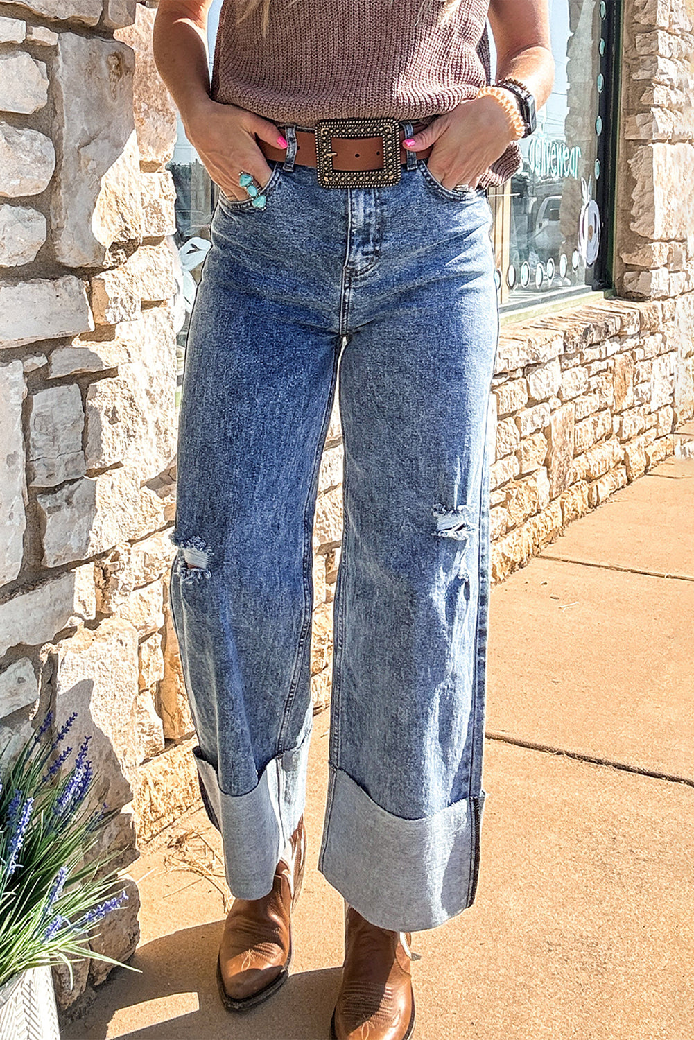 Ashleigh Blue Mineral Wash Distressed Wide Leg Jeans