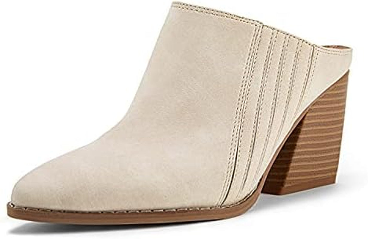 Womens Stacked Mules Heel Booties Pointed Closed Toe Backless Western Slip on Chunky Boots
