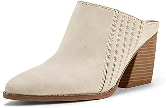 Womens Stacked Mules Heel Booties Pointed Closed Toe Backless Western Slip on Chunky Boots