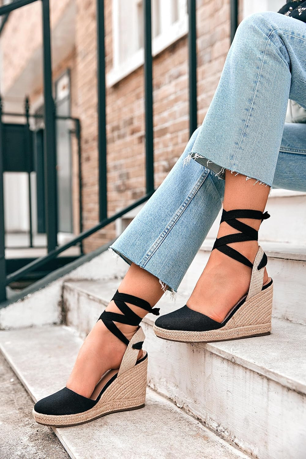 Womens Espadrilles Wedge Sandals Platform Closed Toe Ankle Strap Lace up Summer Shoes