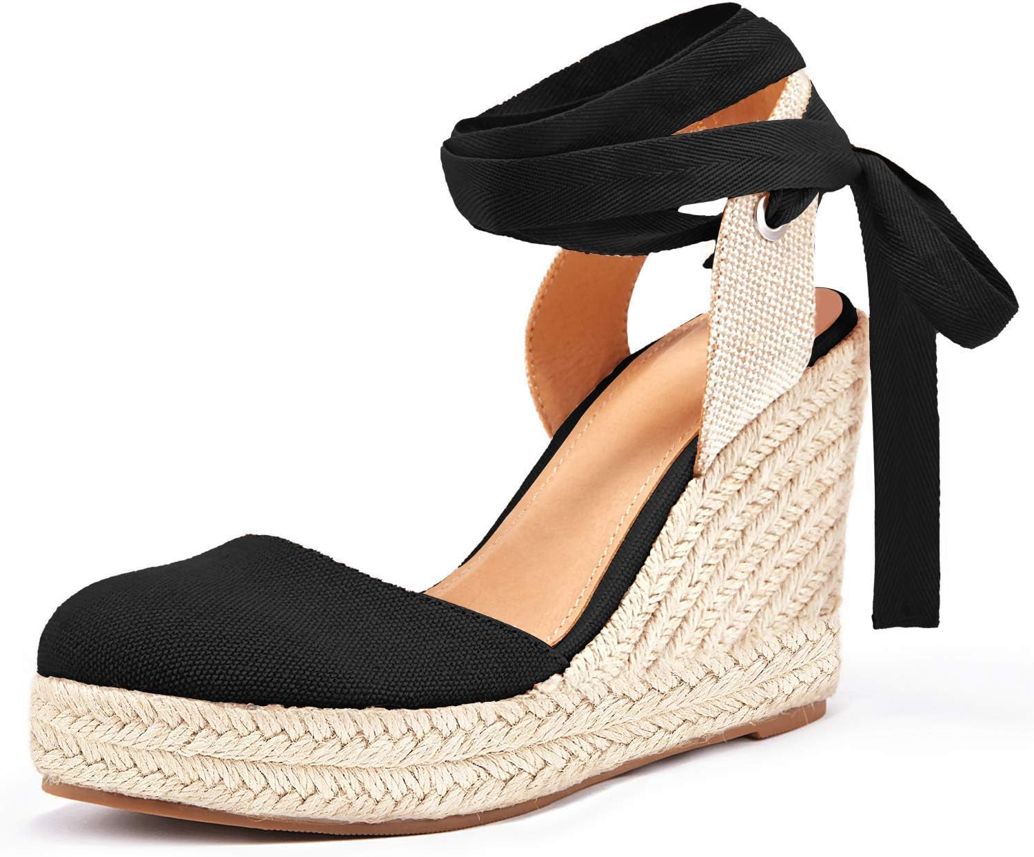 Womens Espadrilles Wedge Sandals Platform Closed Toe Ankle Strap Lace up Summer Shoes