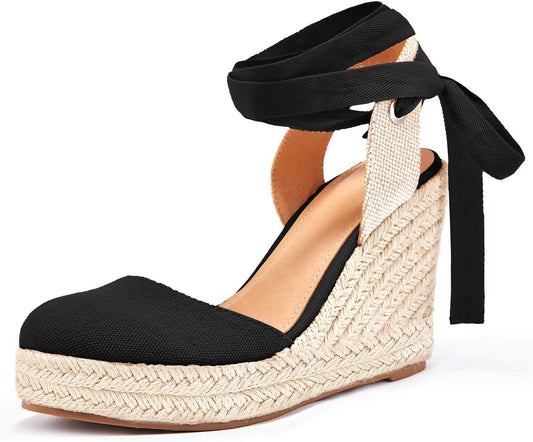 Womens Espadrilles Wedge Sandals Platform Closed Toe Ankle Strap Lace up Summer Shoes