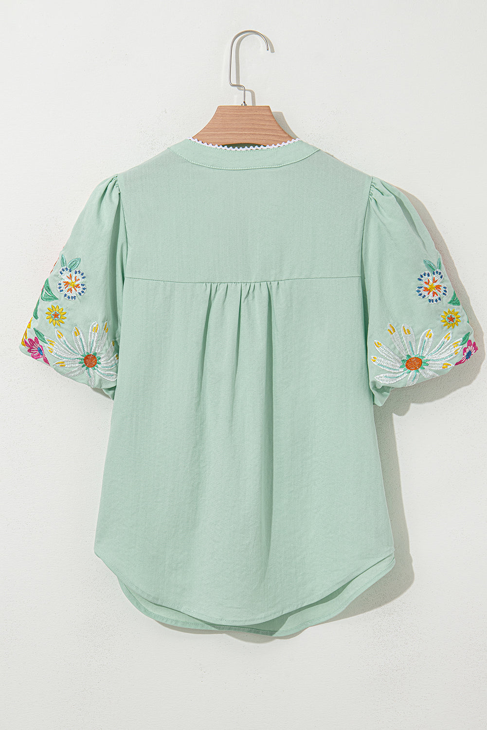 Clearly Aqua Floral Embroidered Puff Sleeve Split Neck Blouse