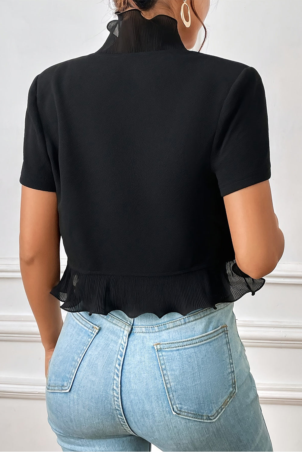 Black Solid Color Ruffle Pleated Open Front Blouse