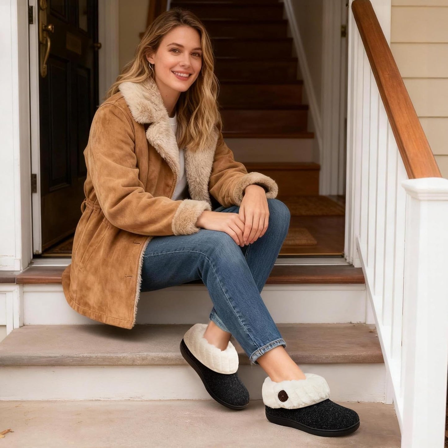 Women'S Wool Cozy Memory Foam Winter Slippers Indoor Outdoor with Fuzzy Faux Fur Collar