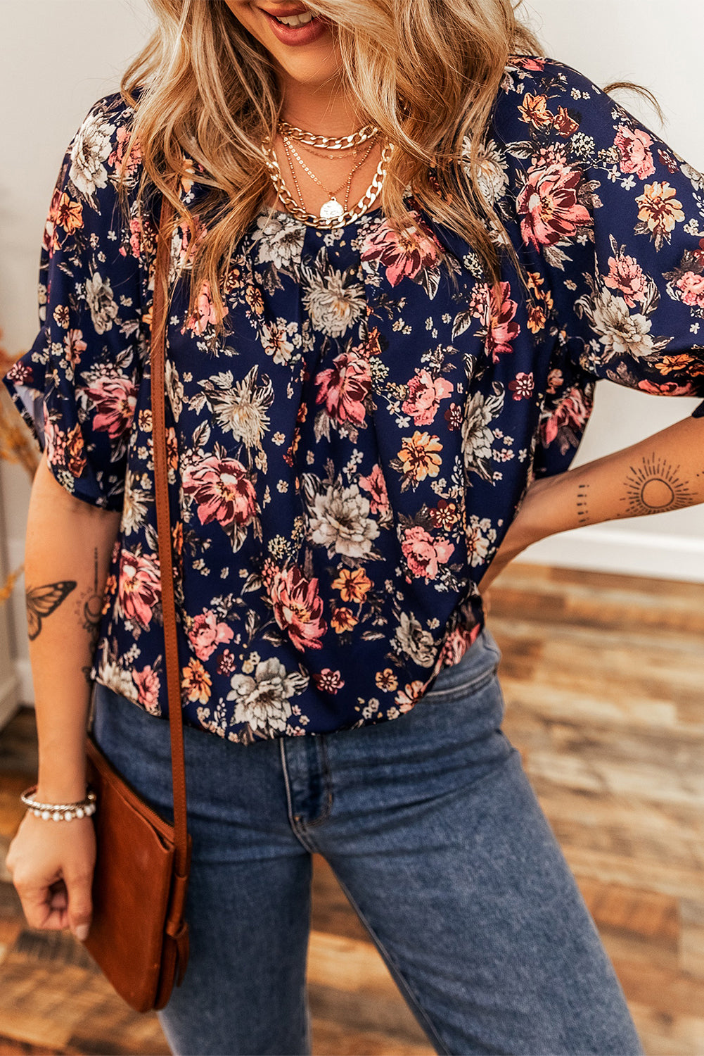 Blue Floral Print Flounce Sleeve Boho Blouse