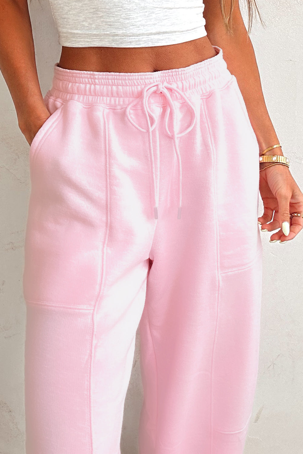 Light Pink Tie Elastic Waist Solid Color Patchwork Jogger Pants
