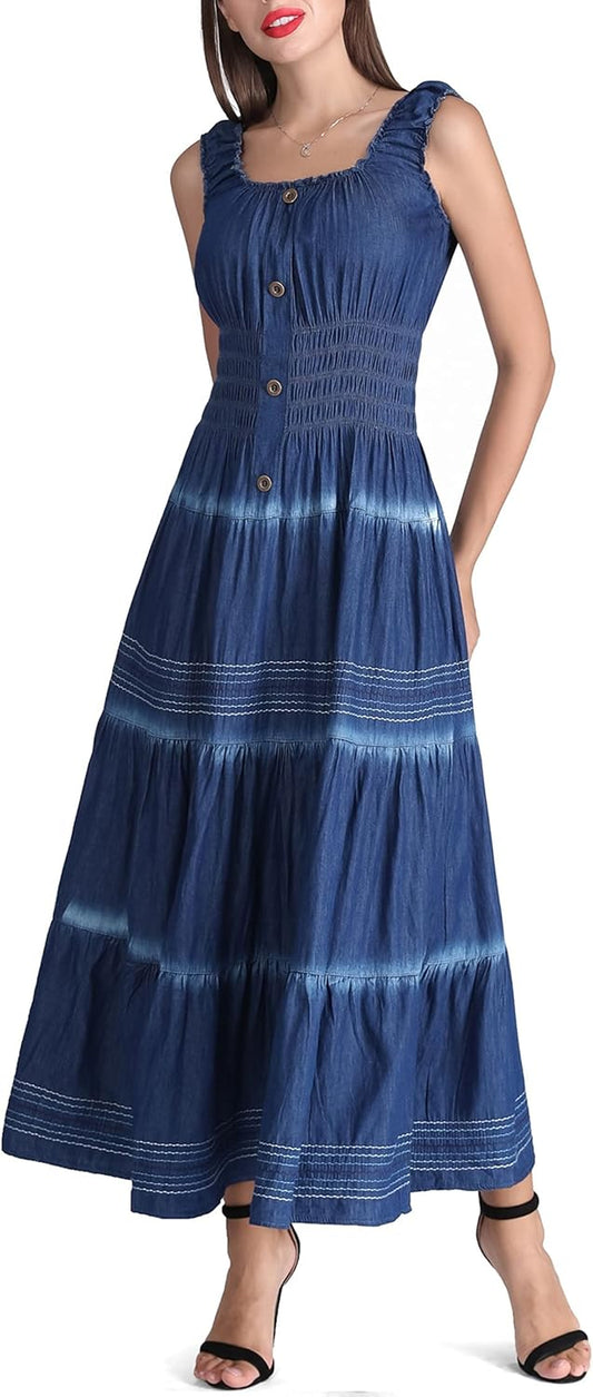 Women'S Maxi Dress Sleeveless Denim Long Summer A-Line Casual Blue Cotton Boho Flowy Sundresses for Women