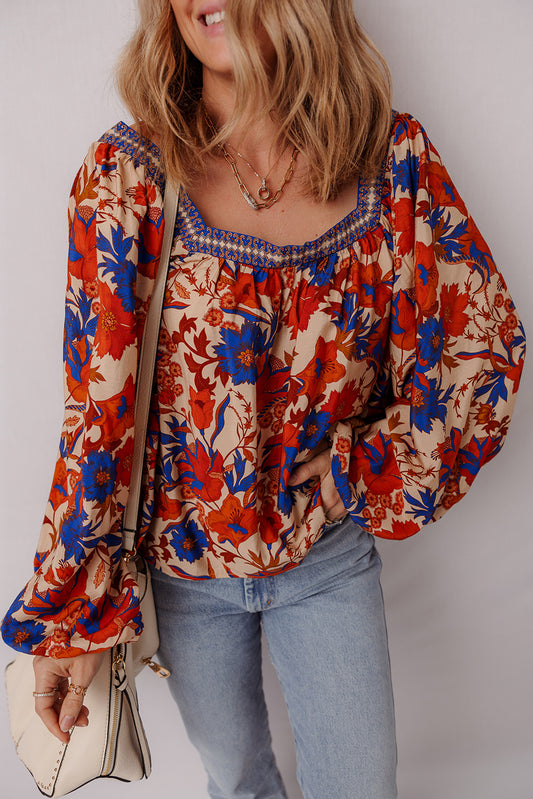 Multicolour Floral Print Square Neck Loose Fit Blouse