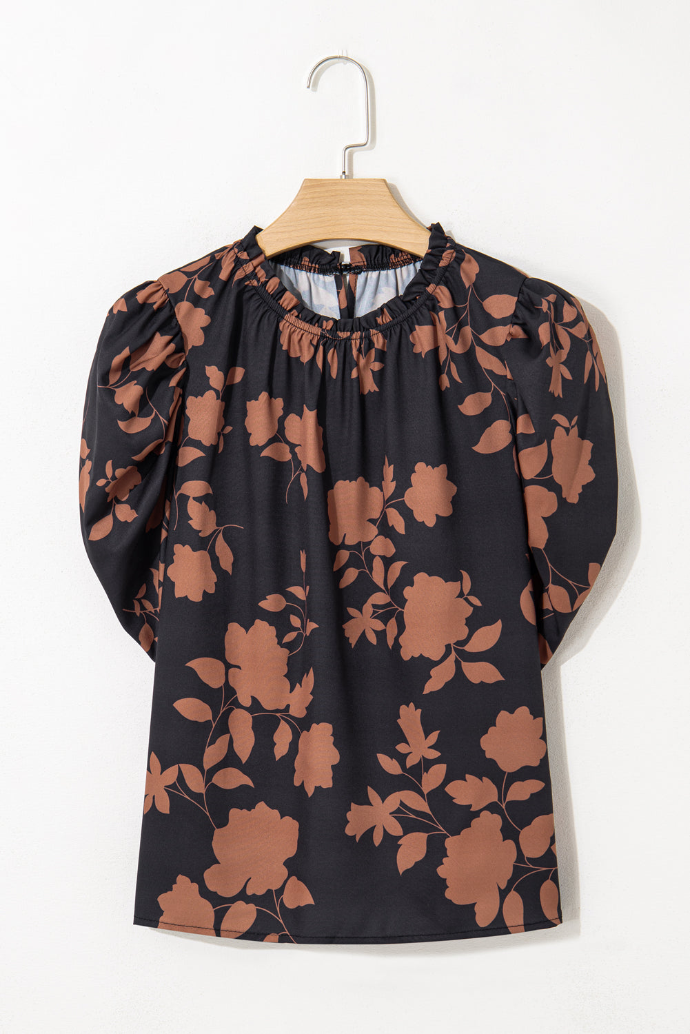 Chestnut Floral Print Frill Neck Bubble Sleeve Blouse