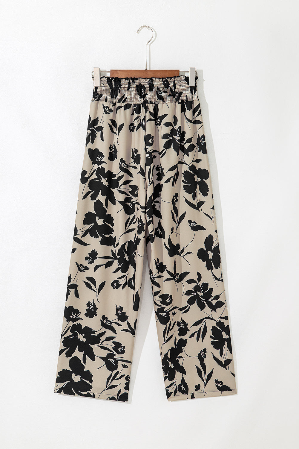 Khaki Floral Smocked Frill Waist Wide Leg Pants