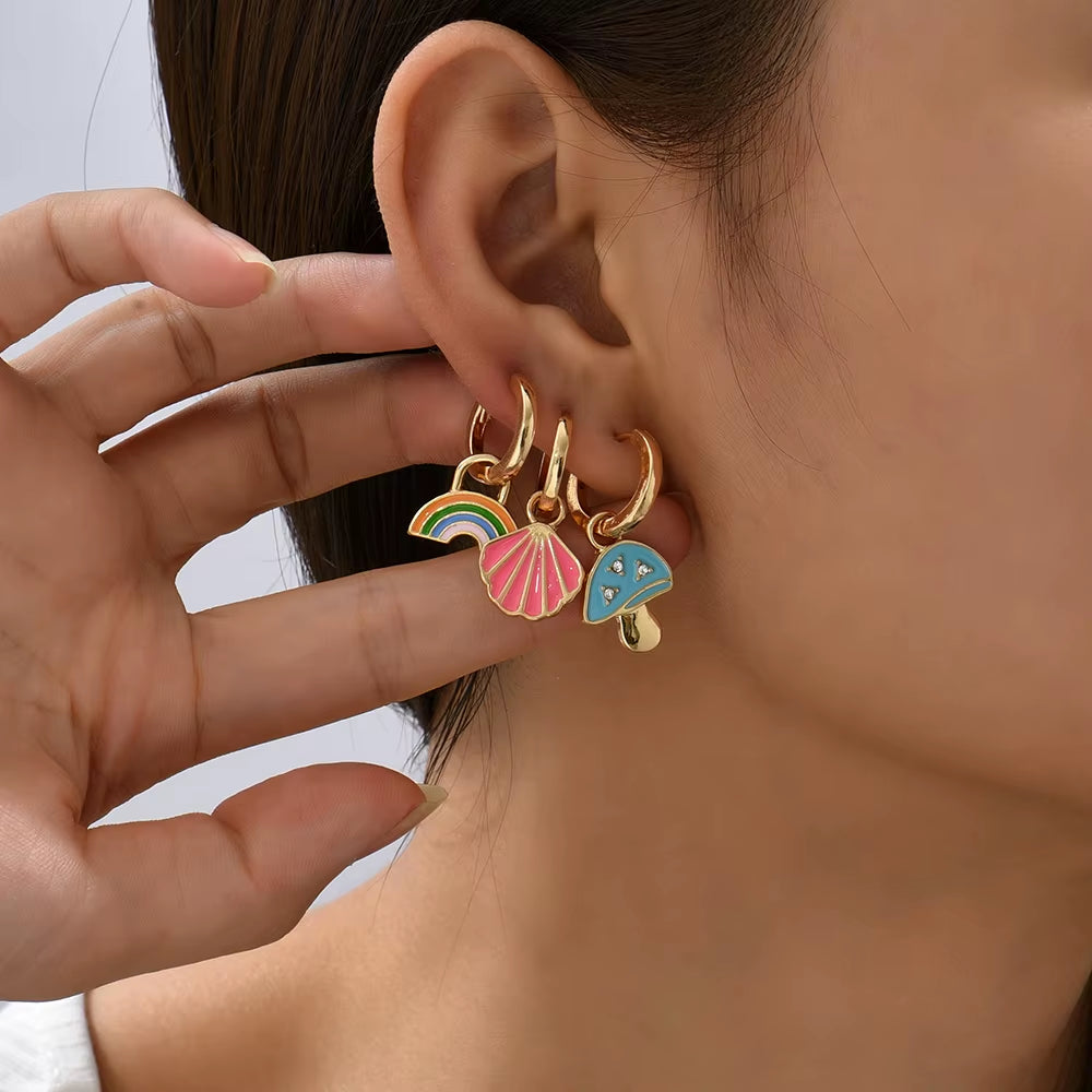 Boho Multicolor round Piercing Huggie Earrings Set for Women Girls Cute Heart Star Pendant Hoop Earring Jewelry