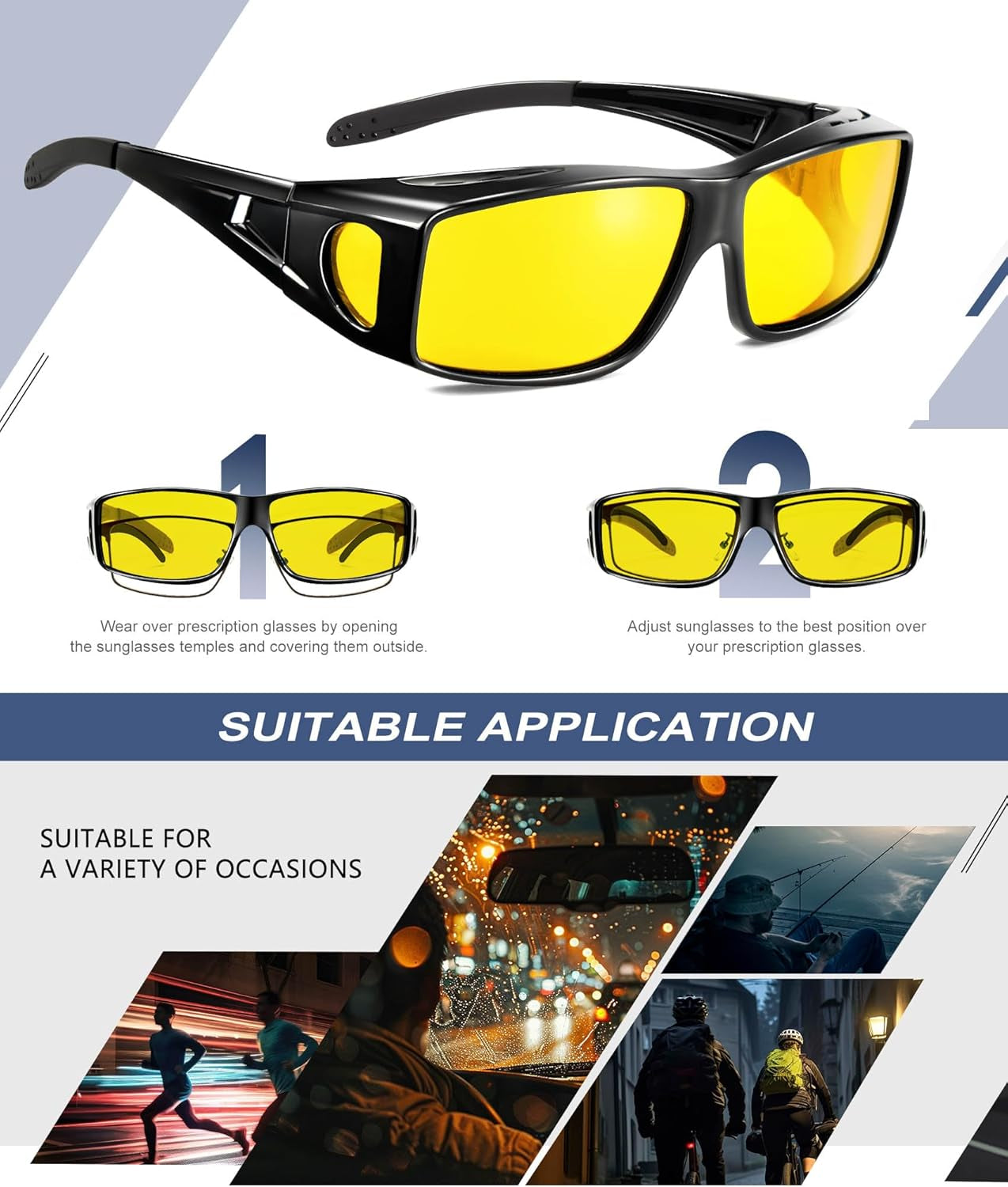 Night-Vision-Glasses Fit-Over-Glasses Wrap-Around Glasses: anti Glare Night Driving Glasses for Men Women HD Lens