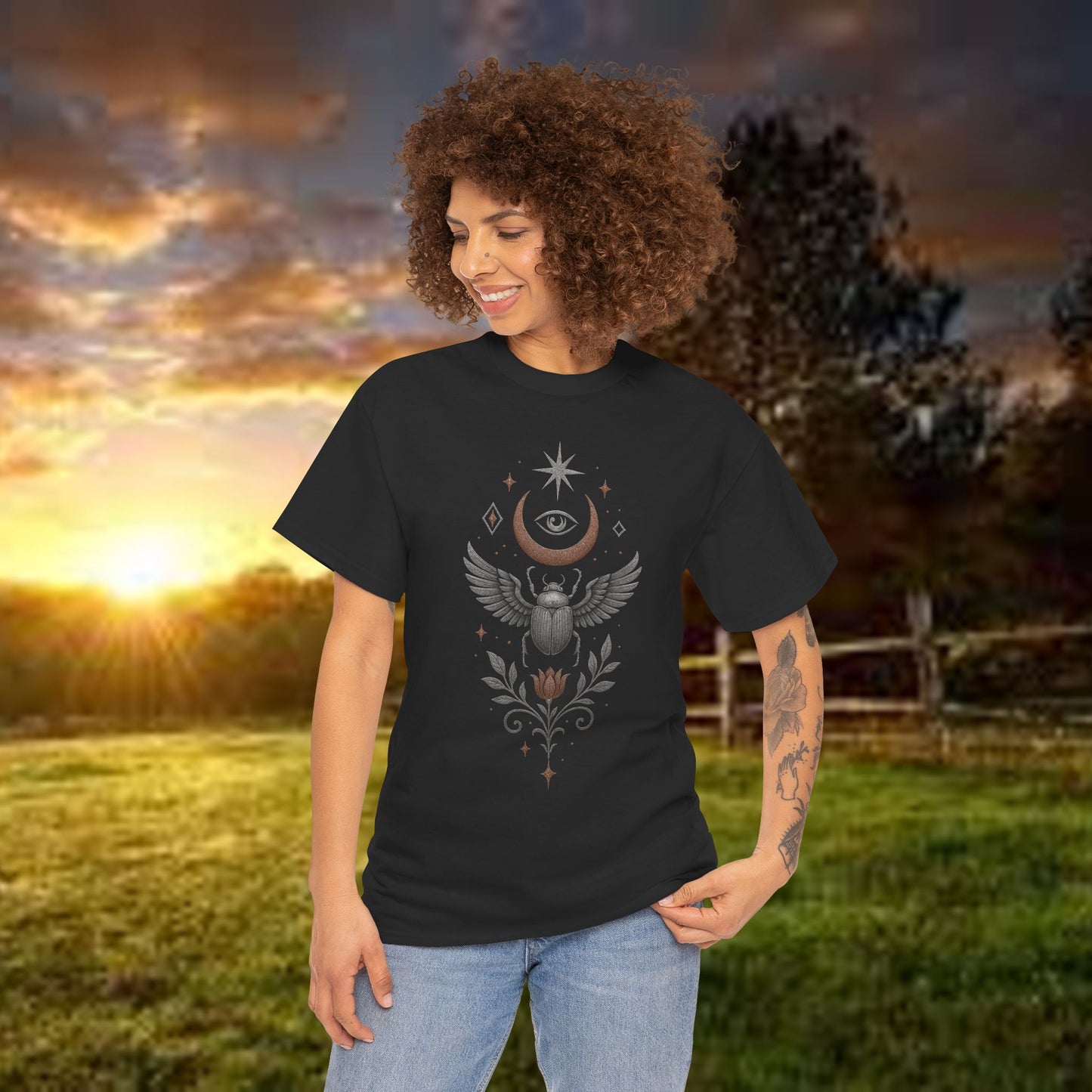 Boho Tee -Celestial Guardian: Eye of the Scarab Design