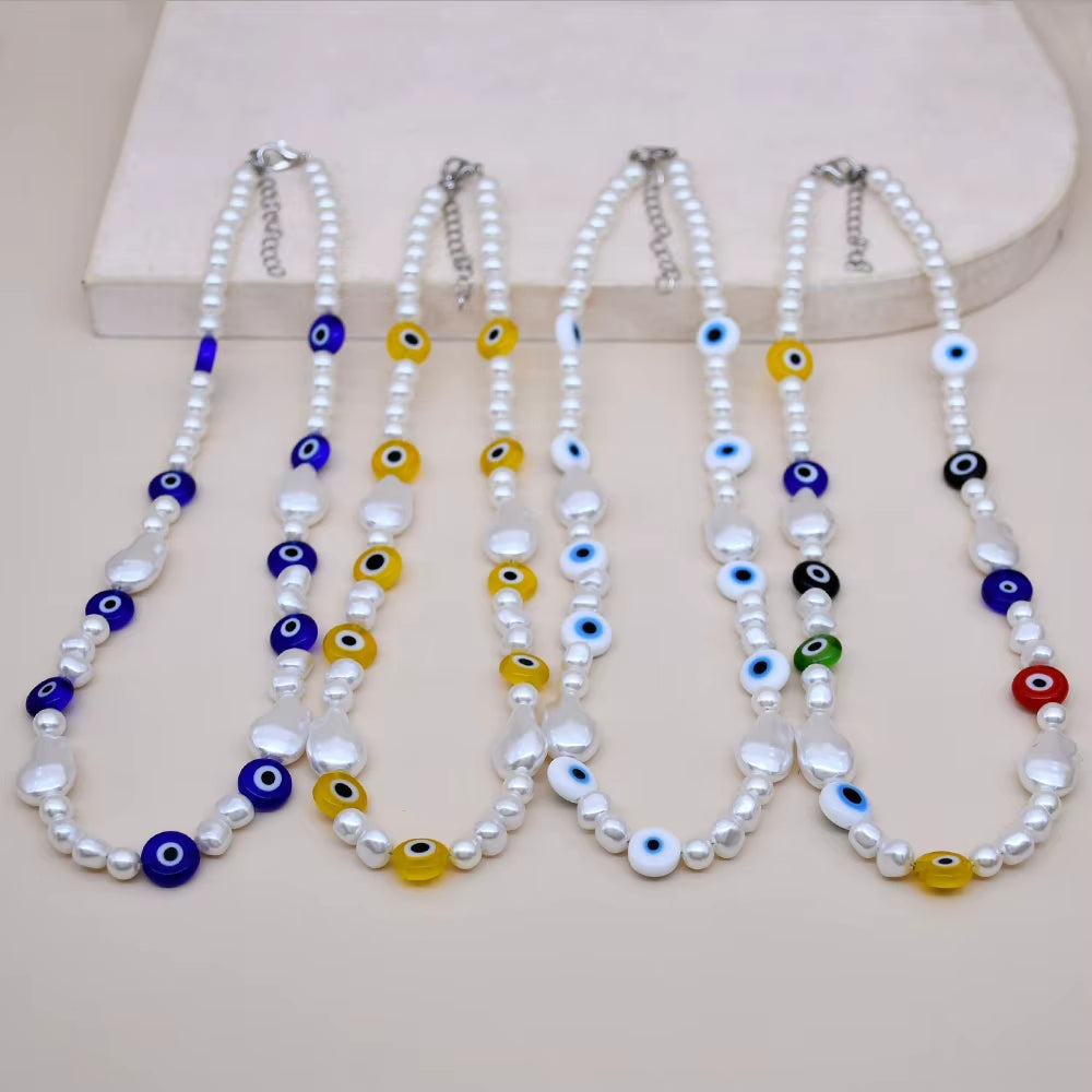 4 Colors Choice Boho Murano Glass Evil Eye Beads Necklace Handmade Turkish Evil Eye Baroque Pearl Chokers Women Jewelry