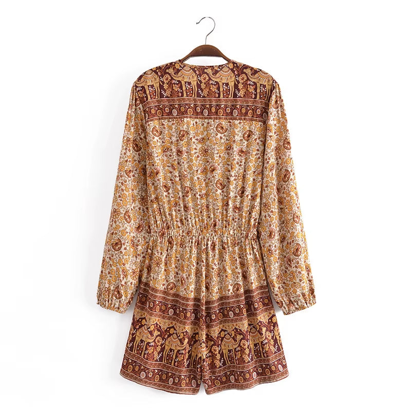 Women Floral Print Sashes Boho Playsuits Ladies Tie V Neck Long Sleeve Tassel Rayon Beach Rompers Bodysuit