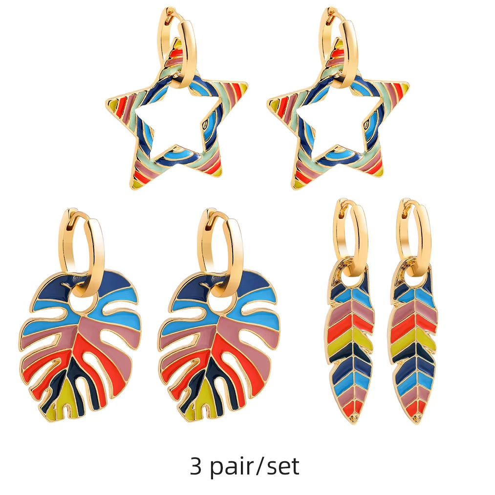 Boho Multicolor round Piercing Huggie Earrings Set for Women Girls Cute Heart Star Pendant Hoop Earring Jewelry