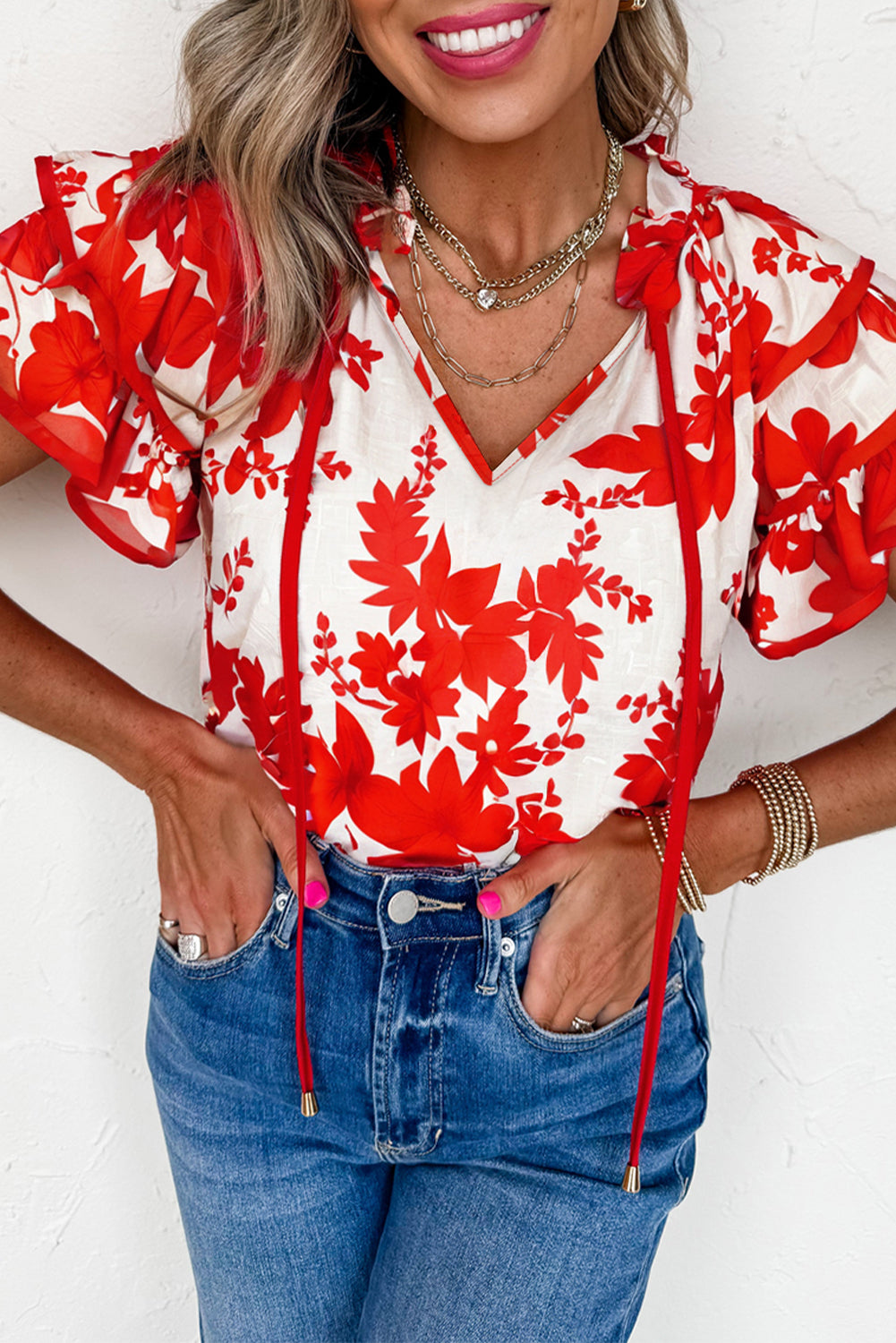 Red Plant Print Tiered Ruffle Sleeve Blouse
