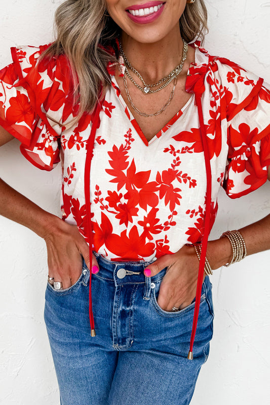 Red Plant Print Tiered Ruffle Sleeve Blouse