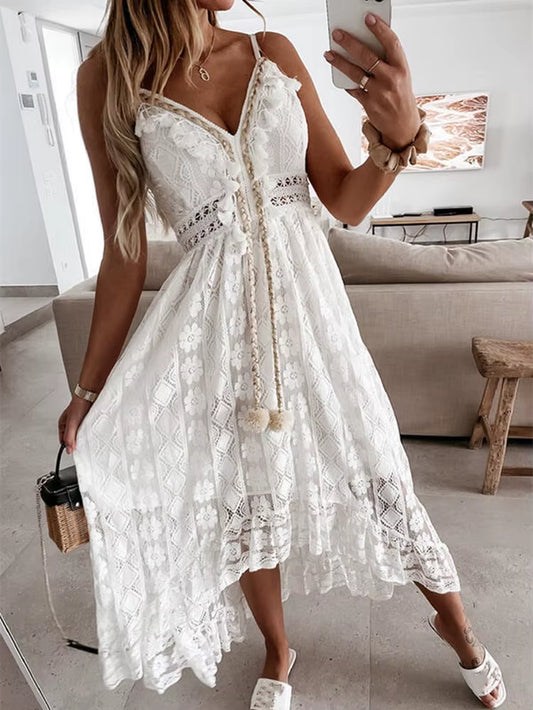 Women Lace Boho Style Long Dress Solid Color Deep V-Neck Sleeveless Beachwear High Waist A-Line Summer Wild Sling Dress for Lady