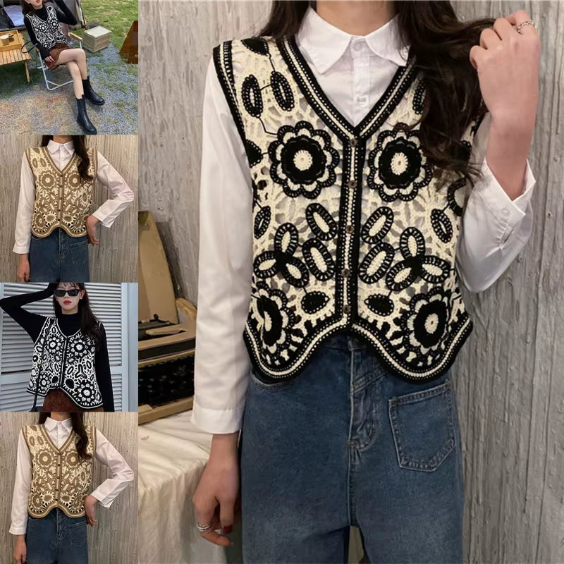 Women Vintage Hollow Out Crochet Crop Top Vest Embroidery Floral Sleeveless Jacket Cardigan Button down Boho Hippie Casual New