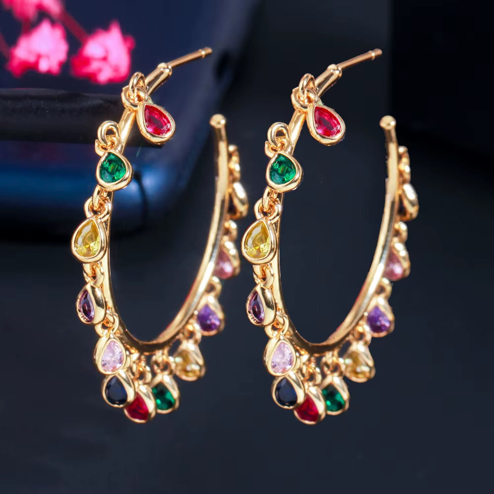 Chic Gold Color Rainbow CZ Big Circle round Dangle Tassel Drop Charms Hoop Earrings for Women 2021 Boho Jewelry CZ818