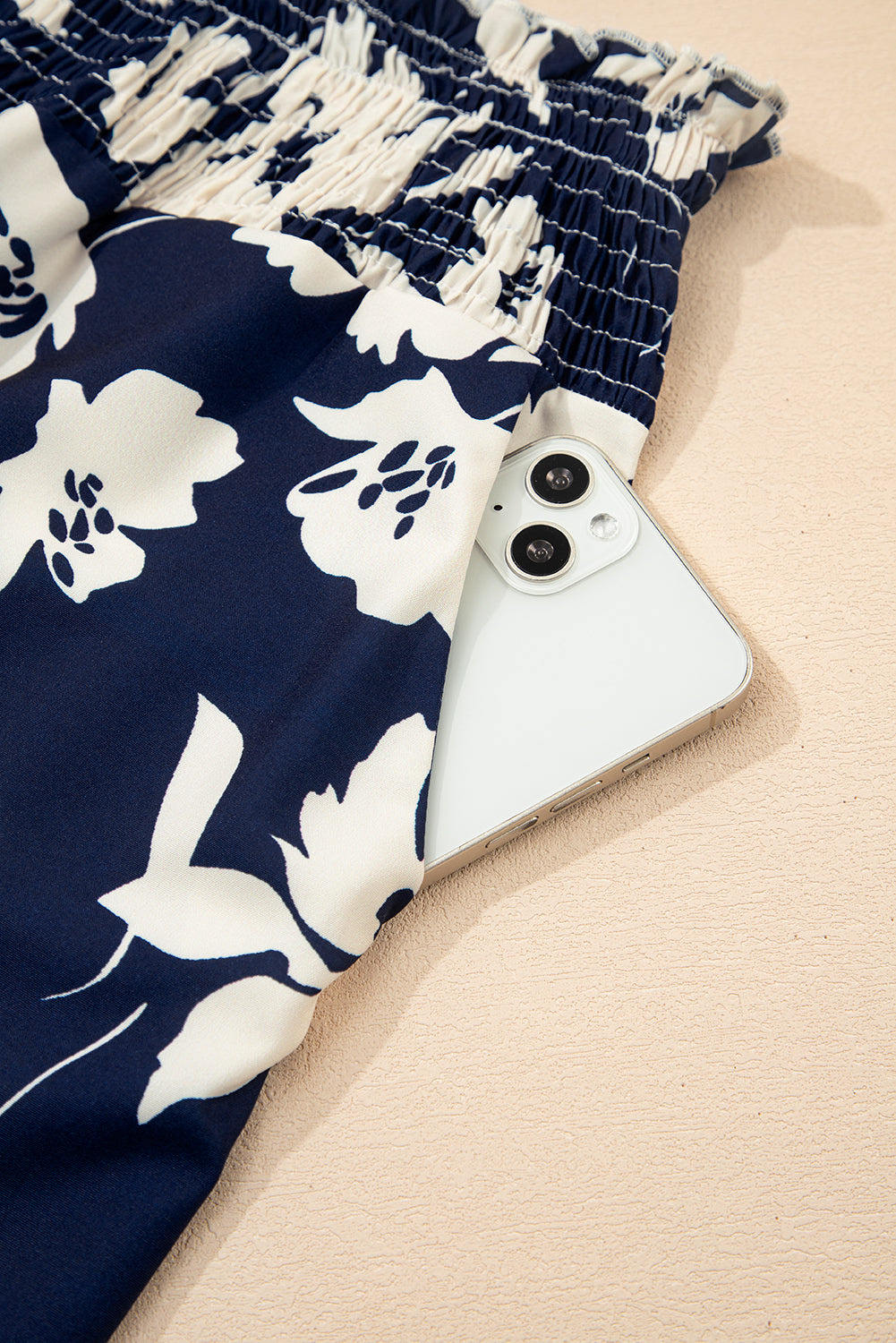 Blue Floral Smocked Frill Waist Wide Leg Pants